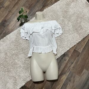Express Size Small White Ruffle Off Shoulder Cropped Peplum Top NWT